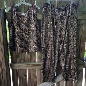 Etonne 2 Piece Pajama Set Leopard Animal Print  Drawstring Pants Sleeveless Top